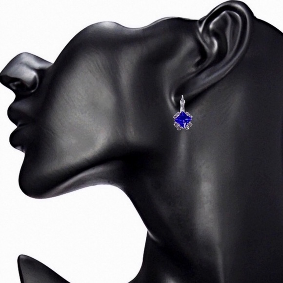 Silver Blue & Clear Crystal Lever Back Earrings - Picture 7 of 8